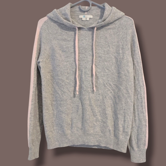 Boden Grey Pink Stripe 100% Cashmere Long Sleeve Pullover Drawstring Hoodie - Picture 1 of 9